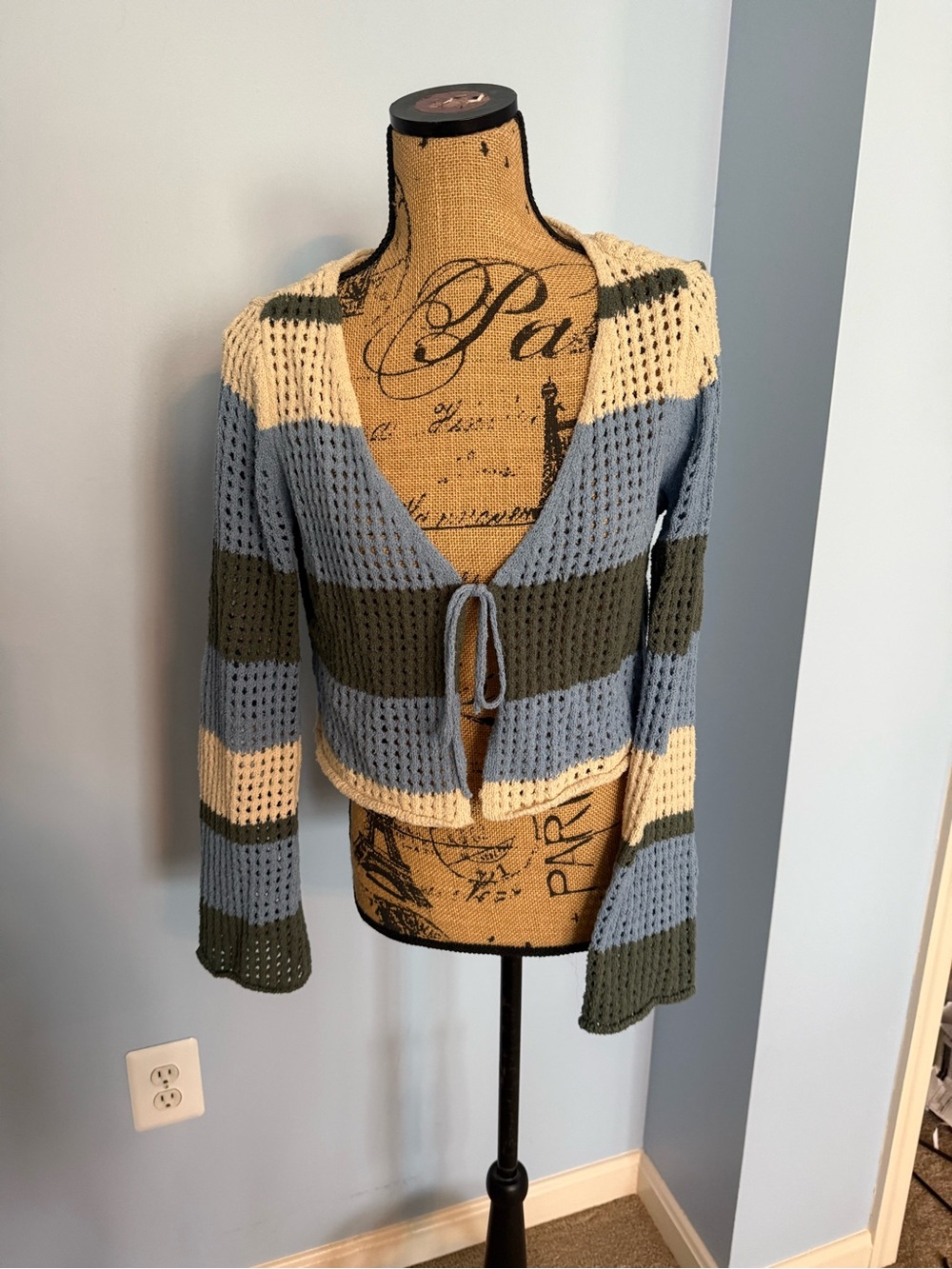 Abound Blue, Green & Cream Open-Knit Tie-Front Cardigan
